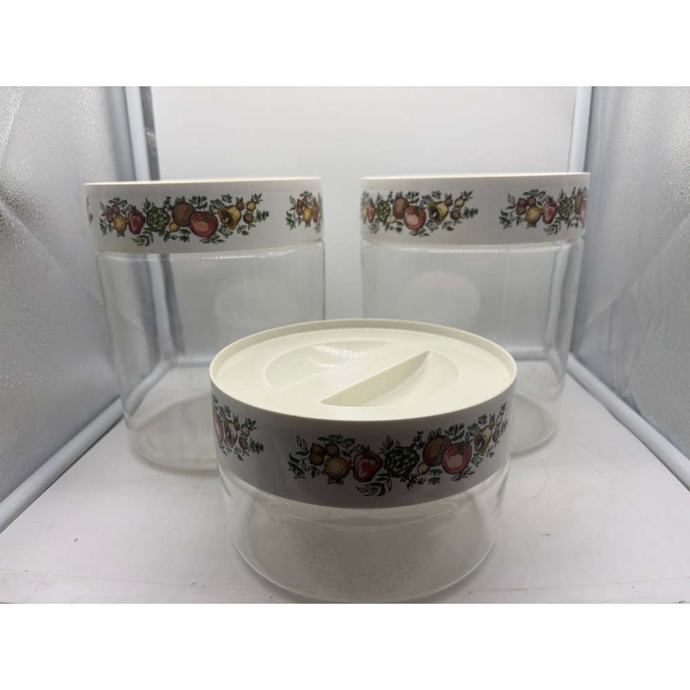Vtg Pyrex Spice of Life Store N See Glass Canister Set of 3 Kitchen Jars Lids